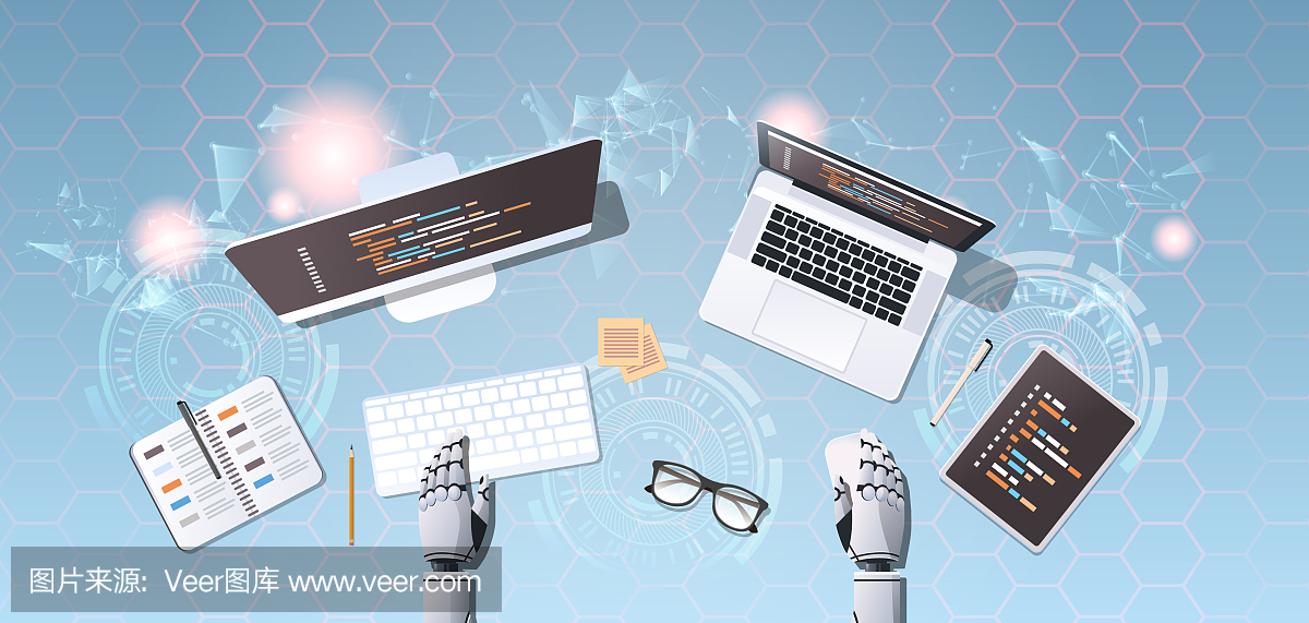 机器人开发人员在工作场所网站设计开发程序编码概念顶角桌面视图机器人仿人使用数字设备水平