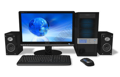 3D设计技术商业概念专台式工作站计算机个人电脑在监视屏幕键盘和白背景的鼠上有3D开发软件界面